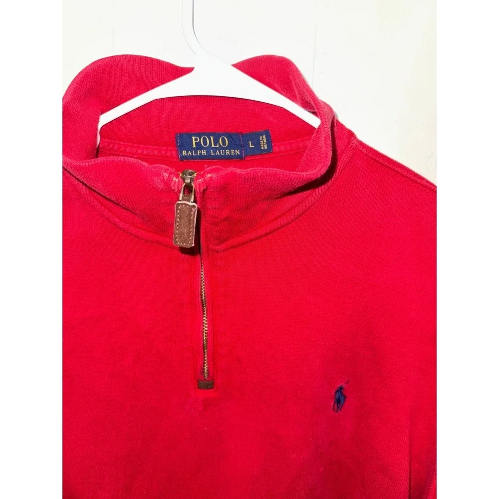 Polo Ralph Lauren Mens Red Quarter Zip Pullover‎ Cotton Sweater Large Navy Pony
